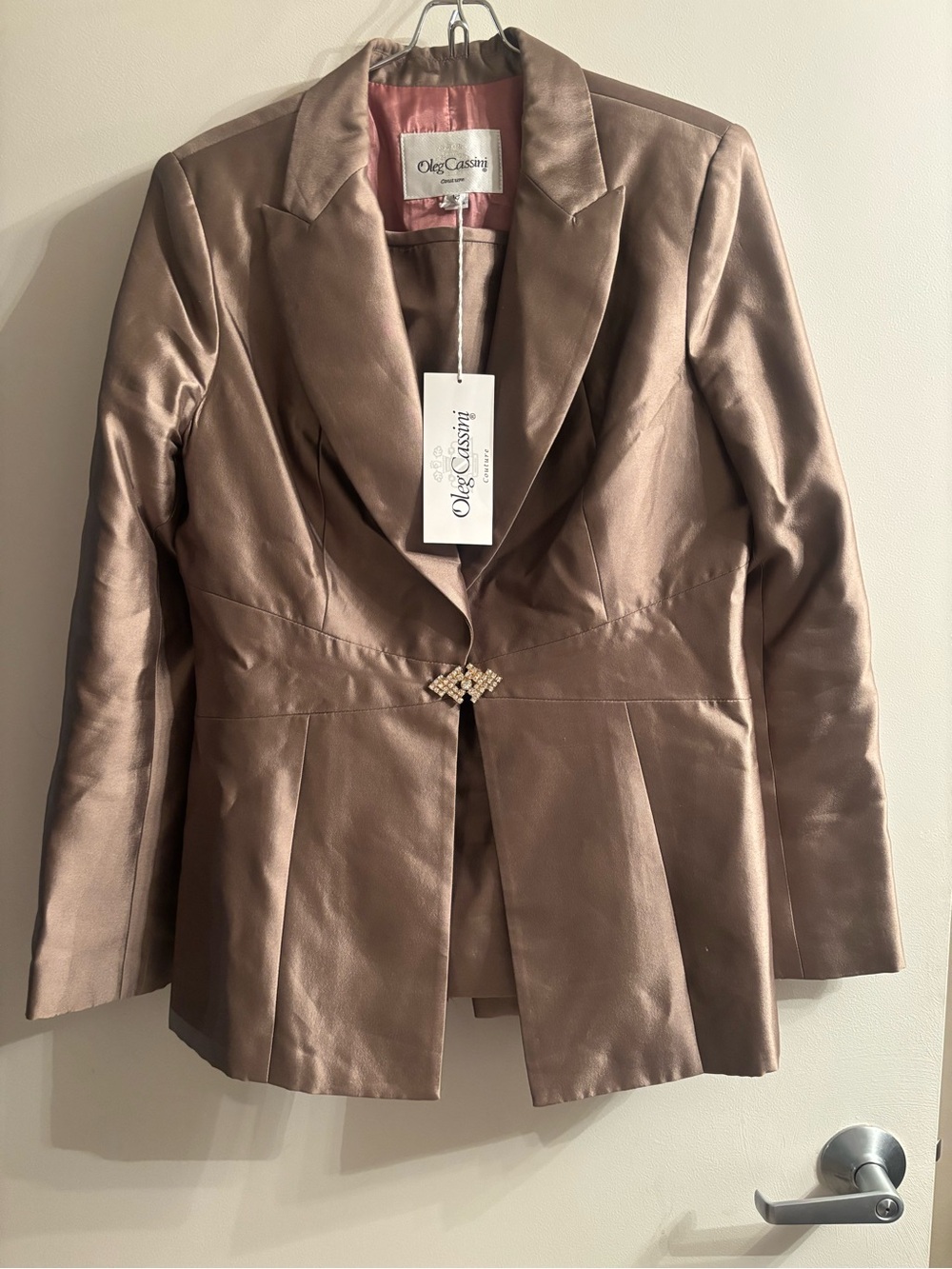 Oleg Cassini Metallic Bronze Satin Blazer with Decorative Clasp